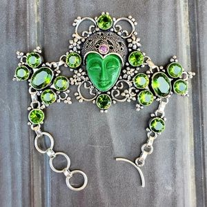 New Carved Goddess Face Peridot 925 Silver Bracelet.